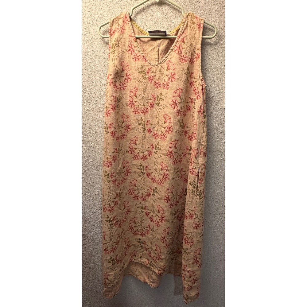 Goddess Gear Linen Floral V-Neck Sleeveless Midi Dress Pink Beige Green Trim M